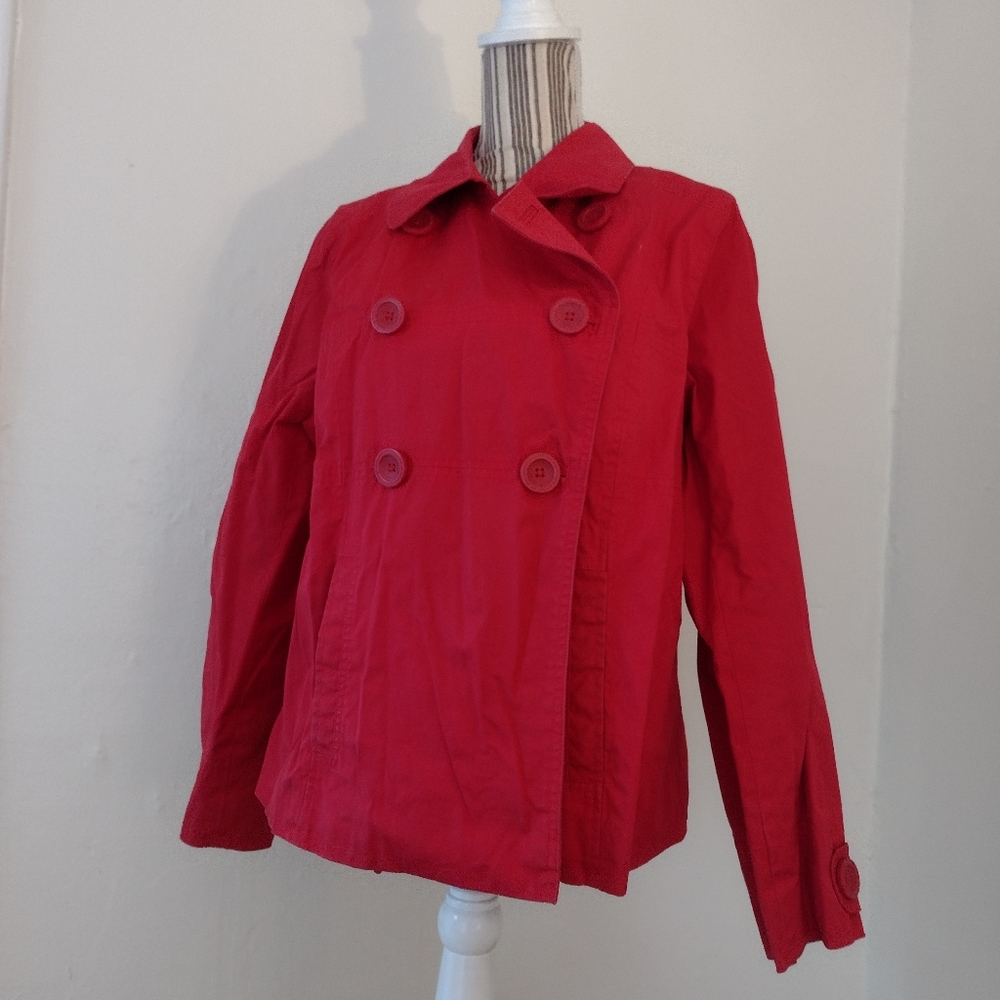 L.L. Bean Red Double Breasted Short Trench Coat Size L 100% Cotton